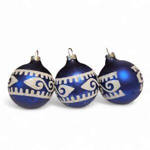 Shiny Brite Vintage Ornaments – Set of 3 Royal Blue Glass with Silver Glitter